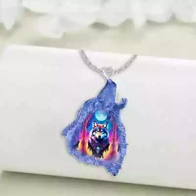 Colorful Forest Moon Wolf Wolf Head Resin Epoxy Necklace For Men And Women • $5