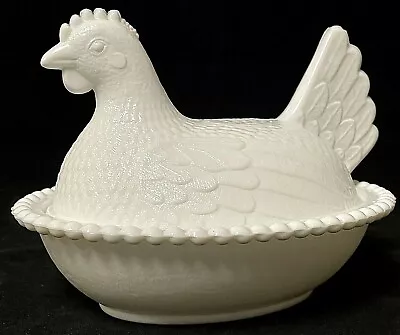 Vintage Indiana Glass White Milk Glass Chicken Hen On Nest Covered Candy Dish • $19.99