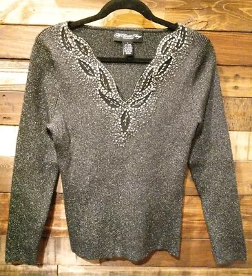 My Favorite Things Colleen Lopez Sweater Black Beaded Shimmer Size Small  • $25.99
