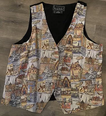 Vintage 90s Nicole Miller Silk Waistcoat Vest Travel European Cartoon Pictures • $20.20