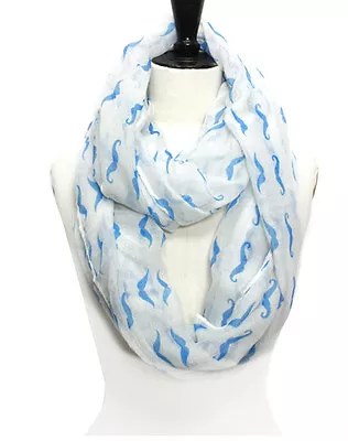 Infinity Scarf -White With Blue Mustaches  Buy 4 / Get 1 FREE • $8.49