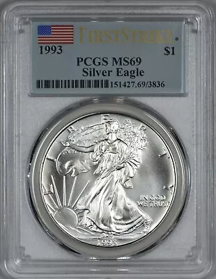 1993 American Silver Eagle PCGS MS69 First Strike Flag Label • $89.99