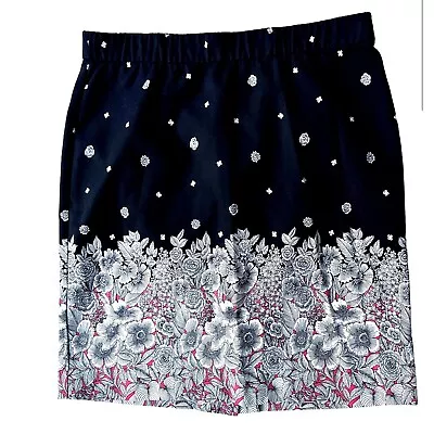 J Jill Elastic Stretch Skirt Petite 8 Black Pink Floral Spring Summer Cotton • $28.95
