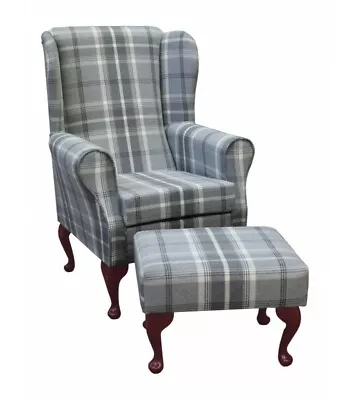 WingBack Fireside Chair &  Matching Stool In Dove Grey Tartan Fabric • £1.06