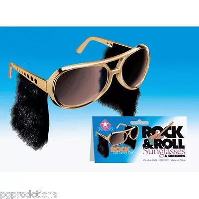 ELVIS SUNGLASSES + Sideburns Presley Rock & Roll Sun Glasses Costume Gold Frames • $10.85