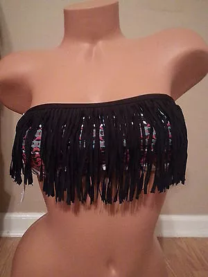 NWT L*Space Dolly Fringe Bandeau Bikini Top Size Small Black Multi-Color $92 • $32.95