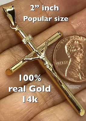 $148.98 • Buy GOLd Cross Pendant Jesus 14k Cruz Crucifix Colgante Necklace Inri Gift 2  Inch