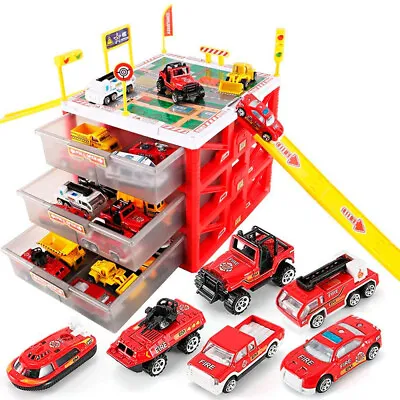 Fire Station Parking Lot Diecast Cars Model Vehicle Garage Kids Toy Storage Box • $37.99