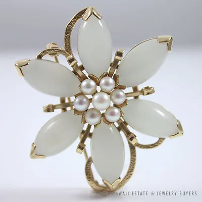 Ming's Hawaii Pale Jade & Pearl Floral 14k Yellow Gold Brooch • $1700