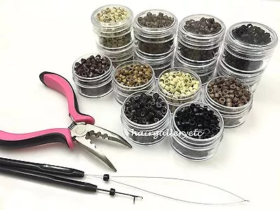 250 SILICONE MICRO BEADS Feather Hair Extension TOOL KIT PLIERS LOOP HOOK USA  • $7.99