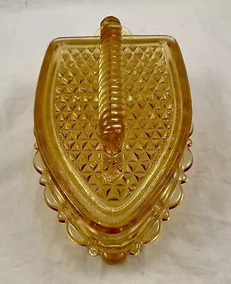 Vintage L.G. WRIGHT Amber Glass Flat Iron Lidded Candy Dish Trinket Dish • $20