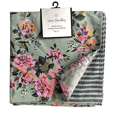 Vera Bradley 4 Pk Napkins Pink Green Floral/Stripe Rosy Outlook 20.5   Cotton • $19.99