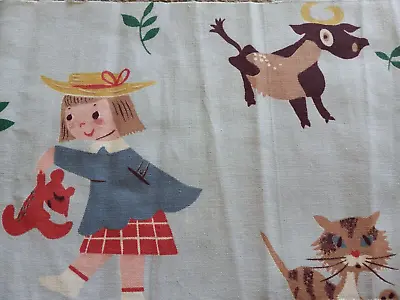 Vintage Fabric French School Girl Madeline Kitten Cow Juvenile Child Blue Bird • $18.99