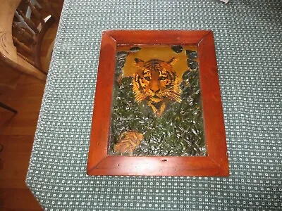 Antique Wood Framed 3D TIGER CRAWLING THROUGH A BUSH Art PAINTING - 14  X 17.5  • $39