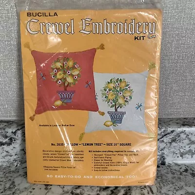 Vintage Bucilla Crewel Embroidery Kit 16” Lemon Tree Pillow Red Square USA Made • $18.99