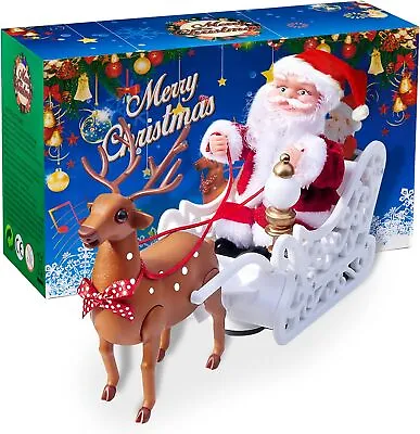 Electric Santa And Reindeer Sleigh Toy Singing And Dancing With Jingle Bell Rock • £15.36