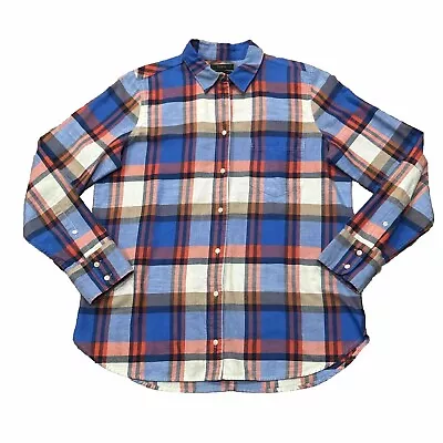 J Crew Shirt Womens 10 Button Up Blue Red Cream Tan Plaid Long Sleeve Boy Fit • $18