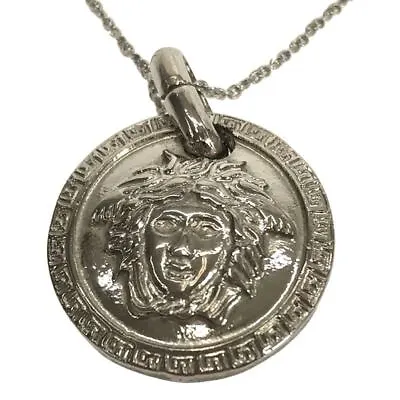 VERSACE Chain Necklace Round Medusa Head Greek Key Pendant Silver Tone Metal • $216.25