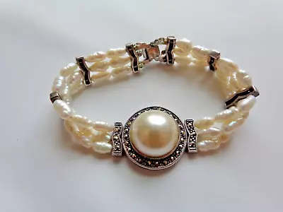 Vintage 925 Sterling 3 Rows Freshwater Pearls And Marcasite 6.50 Bracelet • $4.99