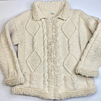 Mundo Color Cardigan L/XL Beige Wool Blend Cable Knit Full Zip Chunky Sweater • $20.99