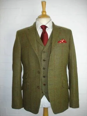 3 Piece Olive Green Men's Suit Tweed Plaid Prom Vintage Tuxedos Wedding Suits • $68.99