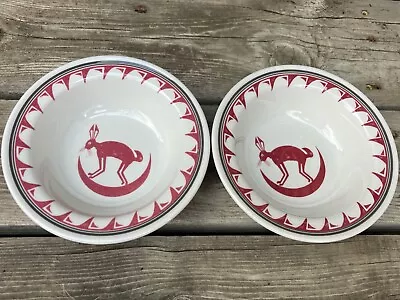 ANCIENT MIMBRENO INDIAN Pipestone Santa Fe RR Replica Rimmed Pair 2 Cereal Bowls • $44.95