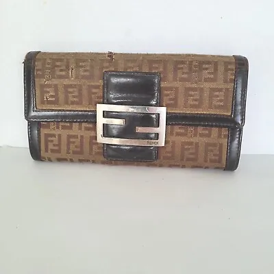 Fendi Zucca Vintage Wallet Canvas Leather Wallet Brown Envelope Large Damaged  • $75