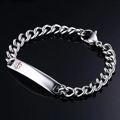 Unisex Medical Alert ID Stainless Steel Bracelet Tag Chain Bangle Free Engraving • $10.99