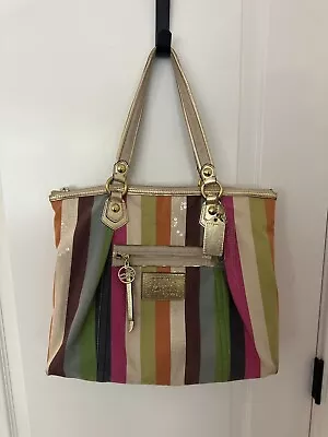 Coach Poppy Legacy Stripe Glam Shoulder Tote Handbag Sequin Colorful 16326 • $55