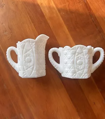 Vintage Antique Milk Glass Sugar And Creamer With Handles Set Of 2  • $13