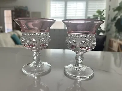 2  Vintage Tiffin Kings Crown Thumbprint Pink Ruby Liquor Coattail  Glasses 3.5” • $12