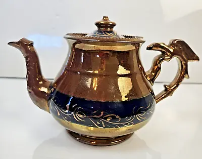 Vintage Copper Lusterware TeaPot  Blue Trim Eagle Handle 6” Tall  Caledonian? • $29.99