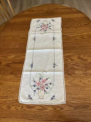 Vintage Hand Embroidered Table Runner Dresser Mantle Scarf Lace Trim • $8