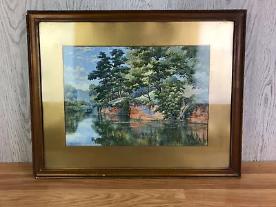 Vintage Watercolour Painting Lake With Trees & Canal Boat Framed 16.5 X 20.5 • £71.99