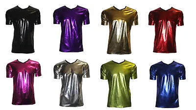 Mens Metallic Shiny Pvc Silver Black Blue Grease Wetlook  T-shirts Tops Clubwear • £21.99