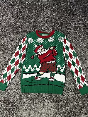 Ugly Christmas Sweater Men’s Large L Green And Red Argyle Golf Light Up Lights • $19.99