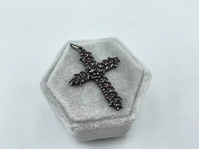 Antique / Vintage Sterling Silver Bohemian Garnet Cross Pendant • $24.99