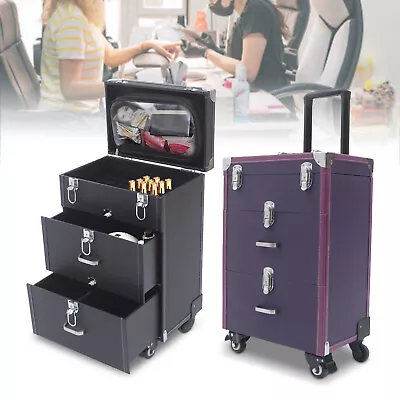 Women Pro Trolley Cosmetic Case Tattoo Nail Makeup Toolbox Rolling Luggage • $71.25