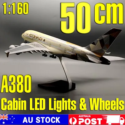 Diecast Model Plane Large Etihad Airlines A380 1:160 50cm W/ LED Lights Wheels ✅ • $180