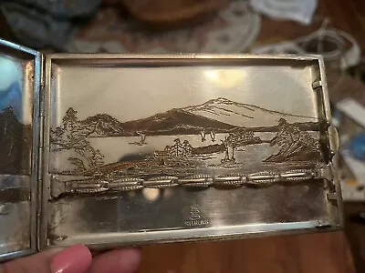 Vintage Japanese Sterling Silver Cigarette Case Engraved; Boat Pagoda Mountains • $235