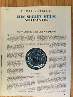 SHELBYRT02 Article Driver's Report 1966 Shelby Mustang GT 350H Hertz 4/1966 3pg • $19.99