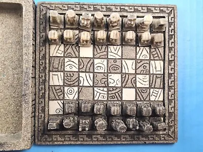 Vintage Manufactured Stone Carved Chess Set Mayan Aztec Missing 1 Black Pawn • $24.99