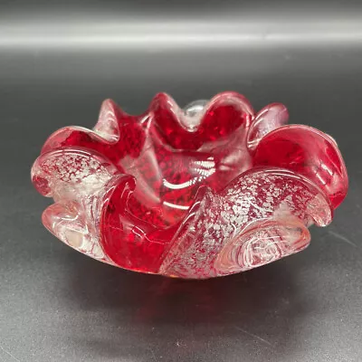 Vintage Murano Art Glass Candy Bowl Ashtray Flower Form  Ruby Red Silver MCM • $41.95