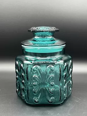 Vintage L.E. Smith Atterbury Scroll Teal Blue Glass Canister Apothecary Jar 6.5” • $28