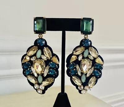 J Crew Crystal Cluster Fabric Back Chandelier Earrings Navy Blue Green Gold  • $48.44