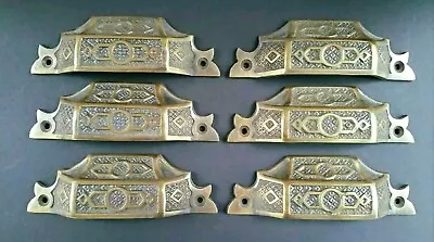 6 Ant. Vtg. Style Brass Victorian Apothecary Bin Pull Handles 3-3/4ctrs 4.5 W#A6 • $49.50