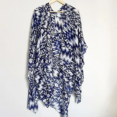 Michael Stars Womens Ruana Ikat Shawl Wrap One Size Blue White • $18.99