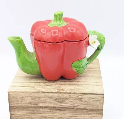 Ceramic Mini Tea Pot Red & Green Bell Pepper Green Leaf Handle With White Flower • $8.88