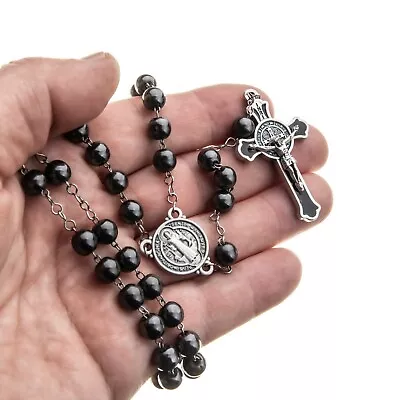 St Benedict Rosary Catholic Black Round Hematite 7mm Beads 21  Men Necklace • $12.50