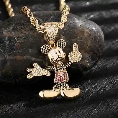 Mickey & Minnie Mouse Brass Cubic Zirconia Pendant & 3mm Rope Chain Necklace • $24.99